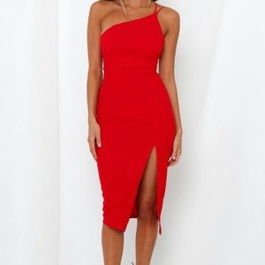 Red one shoulder midi dress